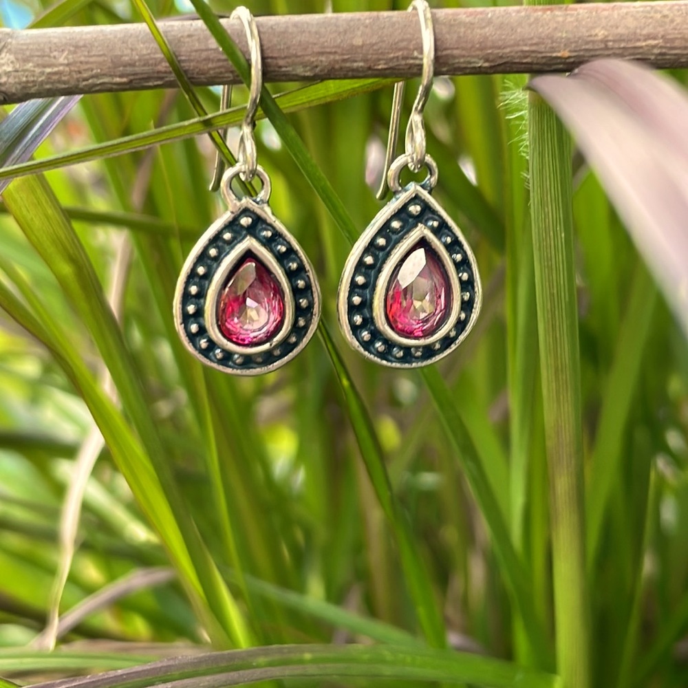 Sterling Silver Pear-Shaped Earrings With Dark Pink Stone